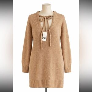 Zara Oversized Sweater Dress Soft Alpaca Blend Deep V-Neck Ribbed Cuffs & Hem
